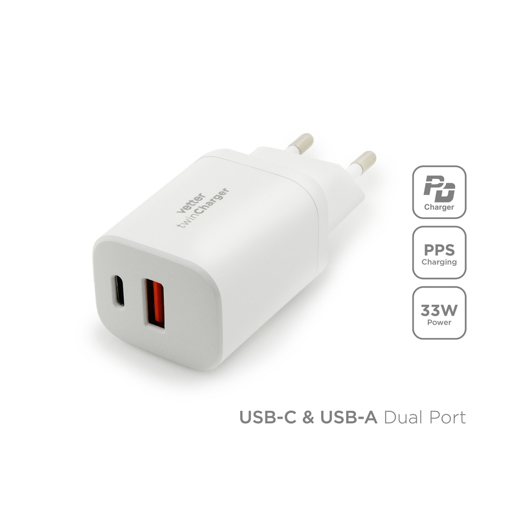 twin Charger, Universal Travel Charger with PD and PPS, Dual Port, USB-C, 33W, White