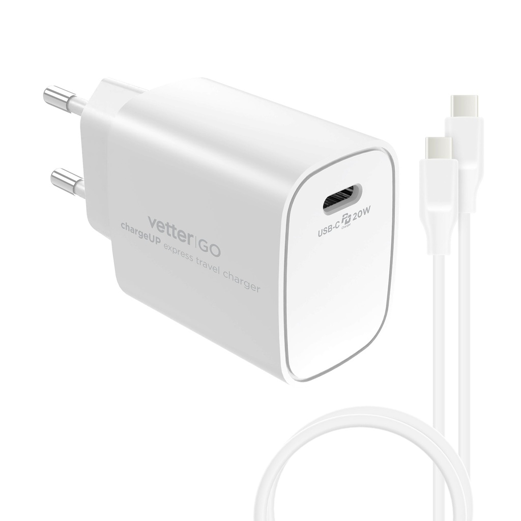 Incarcator chargeUP, Smart Travel Charger with Type-C Cable, Vetter Go, Power Delivery, 20W, White