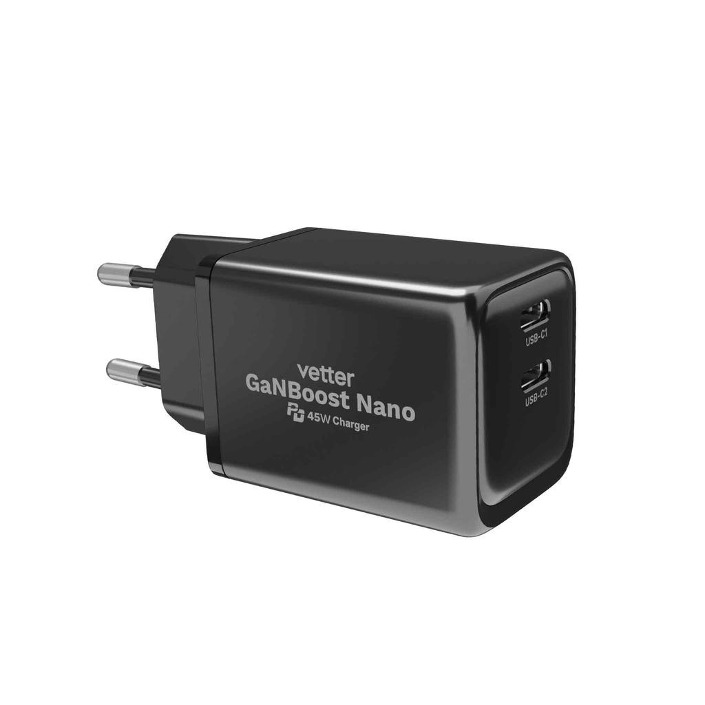 Incarcator GaNBoost Nano, 45W Travel Charger, 2x USB-C, PD and PPS, Black