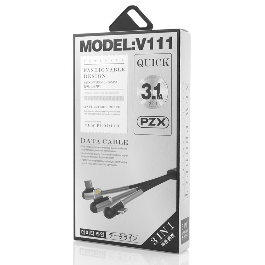 Cabluri PZX, 3 in 1 Cable, 3.1A, V111, 1.2m, Black + Silver