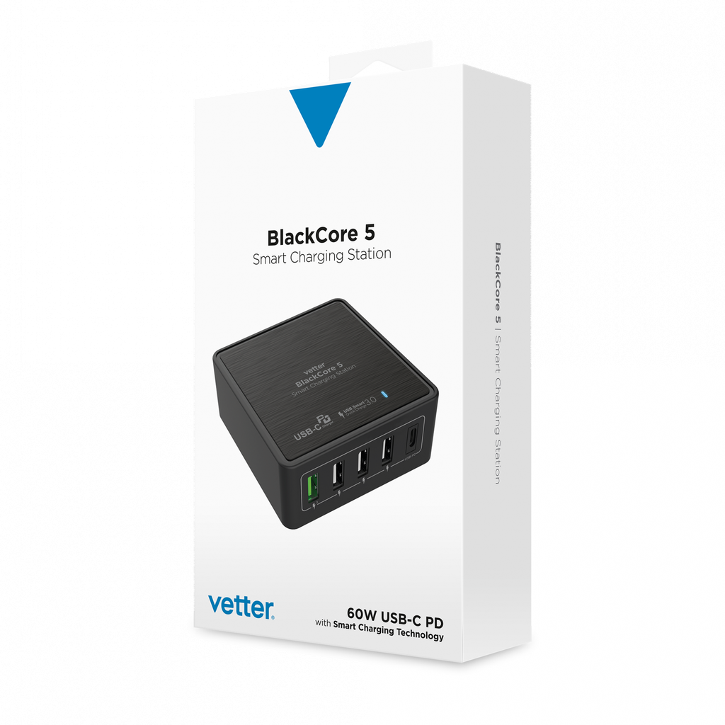 Black Core 5, 60W Travel Charger, USB Smart Charger, 5xUSB Port QC 3.0 and 60 W PD USB Type-C Out