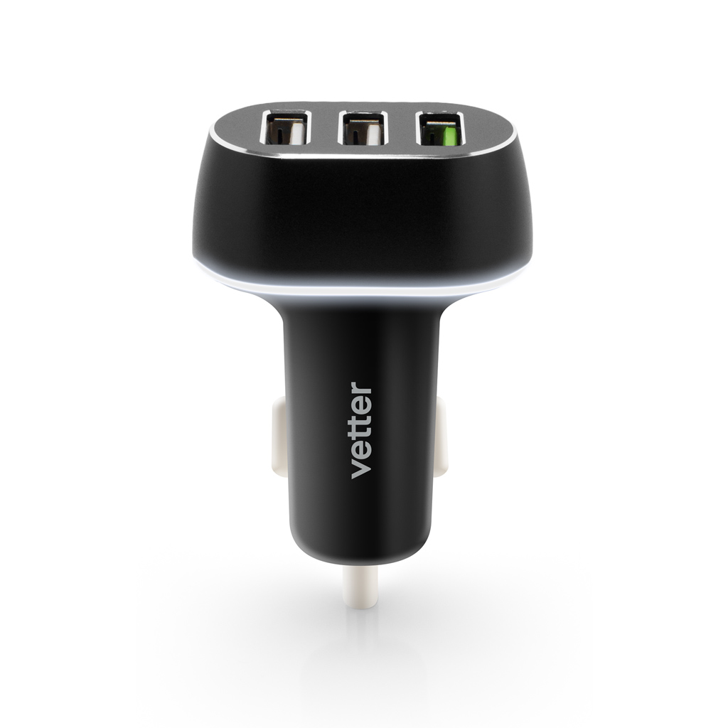 Smart Car Charger, Quick Charge 3.0 and Smart Outputs, 3 x USB, Black, Resigilat