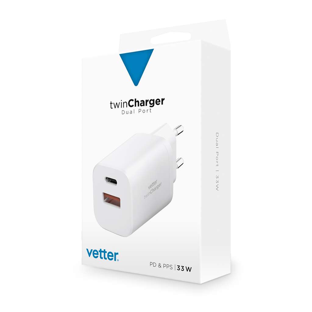 Incarcator twin Charger, Universal Travel Charger with PD and PPS, Dual Port, USB-C, 33W, White