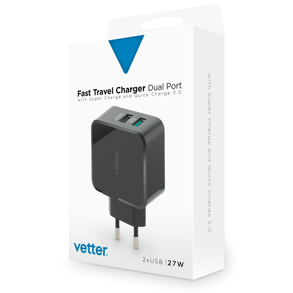 Incarcator Fast Travel Charger with Super Charge, 27W Dual Port, Quick Charge 3.0, Black