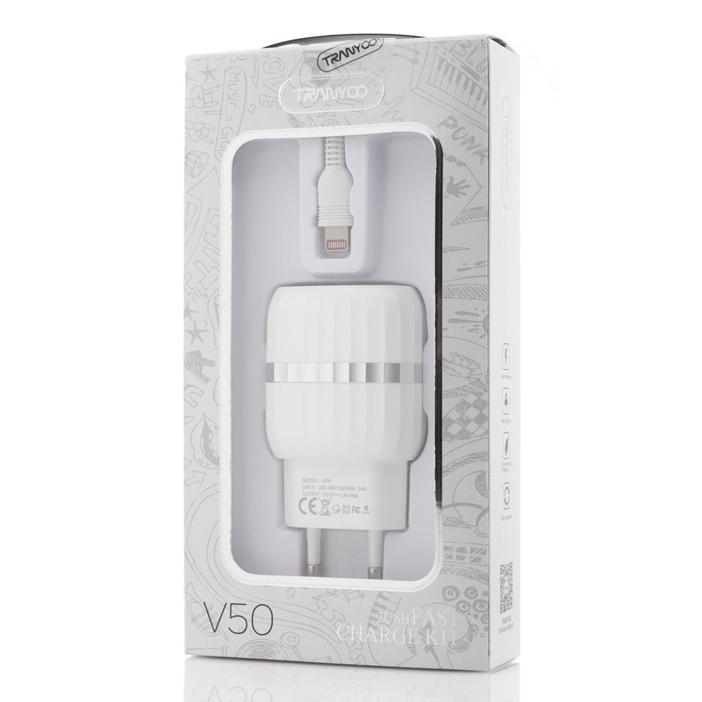 Incarcator Retea Tranyoo, V50, Fast Charge Kit, 2 x USB + Lightning Cable, White